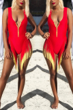 Red Sexy V Neck Faded Tassel Bikini One-piece