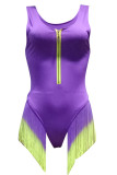 Purple Sexy V Neck Faded Tassel Bikini One-piece