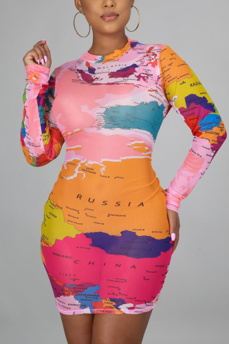 Pink Work Daily Print O Neck Pencil Skirt Dresses