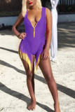 Purple Sexy V Neck Faded Tassel Bikini One-piece