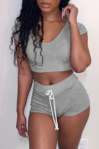 Grey Casual Living Solid Basic O Neck Two Pieces