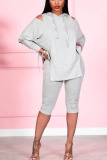 Grey Daily Solid Hooded Collar Long Sleeve Two Pieces