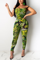Green Sexy Printed Sling Backless Jumpsuit