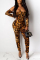 Leopard print Sexy Print Hollow Long Sleeve Wrapped Jumpsuits