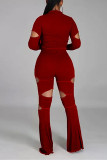 Red Fashion Casual Patchwork Hollowed Out O Neck Long Sleeve Two Pieces