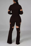 Black Fashion Casual Patchwork Hollowed Out O Neck Long Sleeve Two Pieces