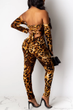 Leopard print Sexy Print Hollow Long Sleeve Wrapped Jumpsuits