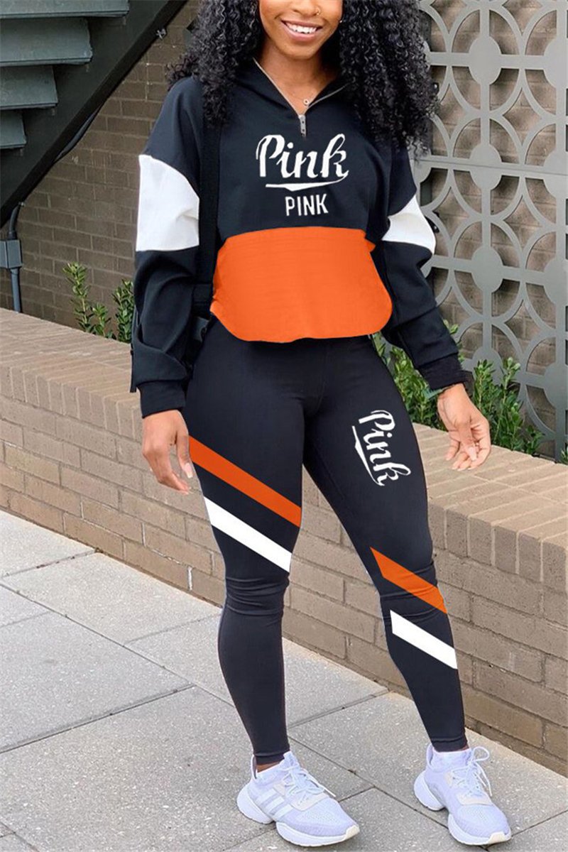 Black Casual Sportswear Long Sleeve Zipper Collar Regular Sleeve Regular Letter Print Two Pieces 