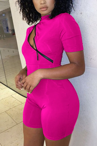 Rose Red Sexy Solid O Neck Regular Rompers