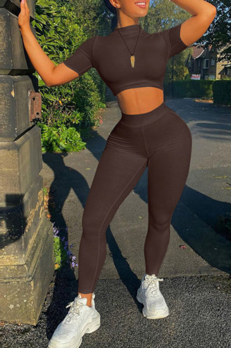 Coffee Casual Solid Patchwork O Neck Long Sleeve Two Pieces