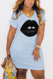Black adult Casual Fashion Cap Sleeve Short Sleeves V Neck Step Skirt Knee-Length lip Print Pock