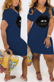 Dark Blue adult Casual Fashion Cap Sleeve Short Sleeves V Neck Step Skirt Knee-Length lip Print Pock