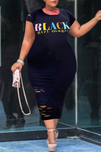 Black Fashion Letter Printed Large Size Dress