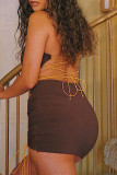 Brown Fashion Sexy Solid Hollowed Out Backless Halter Sling Dress