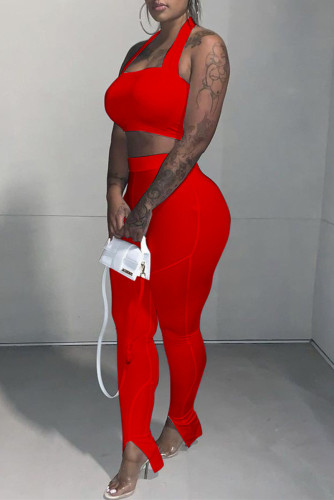 Red Sexy Casual Solid Backless Halter Sleeveless Two Pieces