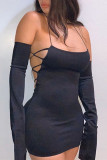 Black Fashion Sexy Solid Backless Spaghetti Strap Sling Dress