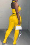Yellow Sexy Casual Solid Backless Halter Sleeveless Two Pieces