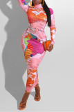 Pink Fashion Casual Print Basic Turtleneck Long Sleeve Dresses