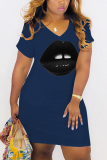 Black adult Casual Fashion Cap Sleeve Short Sleeves V Neck Step Skirt Knee-Length lip Print Pock
