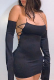Black Fashion Sexy Solid Backless Spaghetti Strap Sling Dress