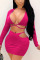 rose red Sexy Polyester Solid Split Joint V Neck Short Two Pieces