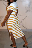 Yellow Sexy Striped Patchwork V Neck A Line Dresses