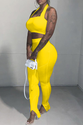 Yellow Sexy Casual Solid Backless Halter Sleeveless Two Pieces