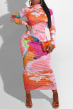 Pink Fashion Casual Print Basic Turtleneck Long Sleeve Dresses