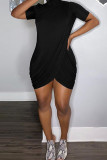 Black Fashion Casual Solid Asymmetrical Half A Turtleneck Short Sleeve Dress