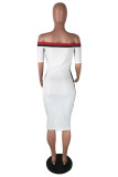 White Sexy Fashion Off The Shoulder Short Sleeves One word collar Step Skirt Mid-Calf Print Patchwork Pri