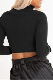 Black Fashion Casual Solid Basic Zipper Collar Tops