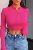 Rose Red Fashion Casual Solid Basic Zipper Collar Tops