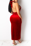 Red Fashion Sexy Solid Hollowed Out Backless Slit Halter Sleeveless Dress