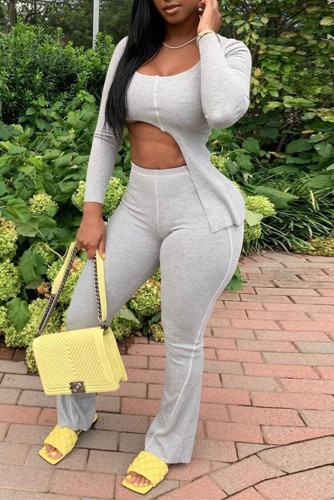 Grey Sexy Casual Solid Patchwork Asymmetrical O Neck Long Sleeve Two Pieces