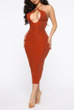 Purplish Red Fashion Sexy Solid Hollowed Out Backless Sleeveless Dress
