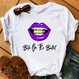 Black Red Fashion Casual Lips Printed Basic O Neck Tops