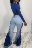 Light Blue Fashion Casual Patchwork Basic Mid Waist Jeans