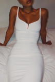 White Fashion Sexy Solid Fold V Neck Sling Dress
