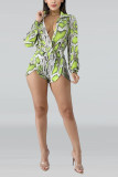 Green Sexy Fashion serpentine Print Long Sleeve V Neck Rompers