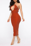 Purplish Red Fashion Sexy Solid Hollowed Out Backless Sleeveless Dress