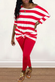 Red Sexy Print Patchwork O Neck Long Sleeve Two Pieces