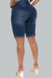 Dark Blue Street Solid Ripped Buttons Plus Size 