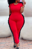 Red Fashion Casual Solid Patchwork O Neck Plus Size Jumpsui