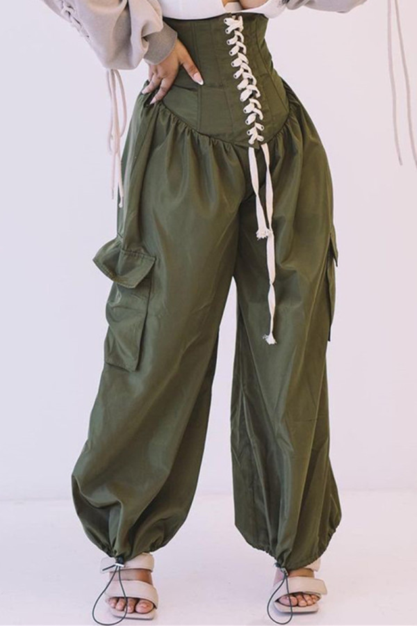 Army Green Fashion Casual Solid Basic Regular High Waist Wide Leg Trousers
