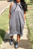 Grey Sexy Solid Draw String Hooded Collar Straight Dresses