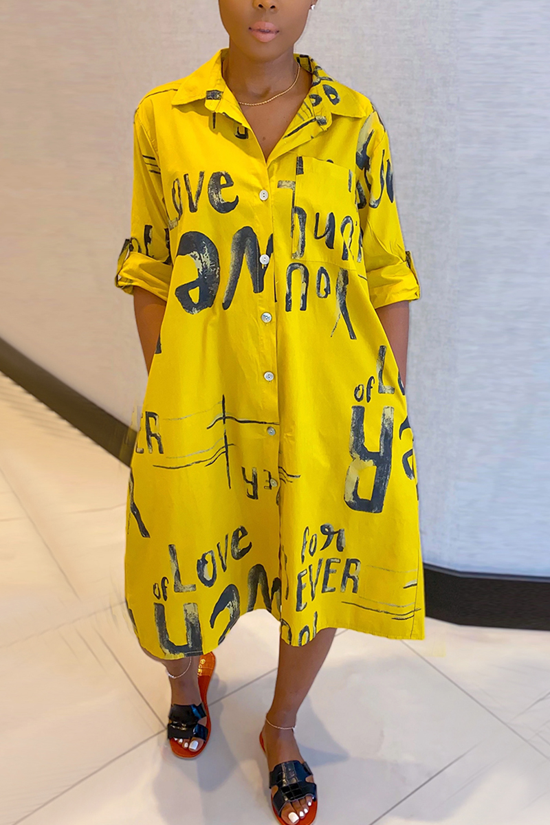 Sexy Fashion Printing Yellow Loose Shirt Dress