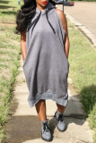 Grey Sexy Solid Draw String Hooded Collar Straight Dresses