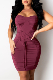 Wine Red Fashion Sexy Solid Backless Fold Square Collar Sling Dress