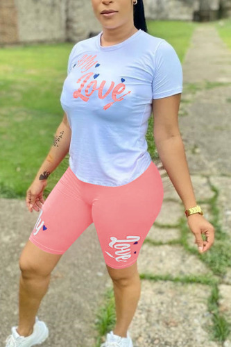 Pink Fashion Casual Letter Print Two Piece Suits pencil Short Sleeve Two Pieces
