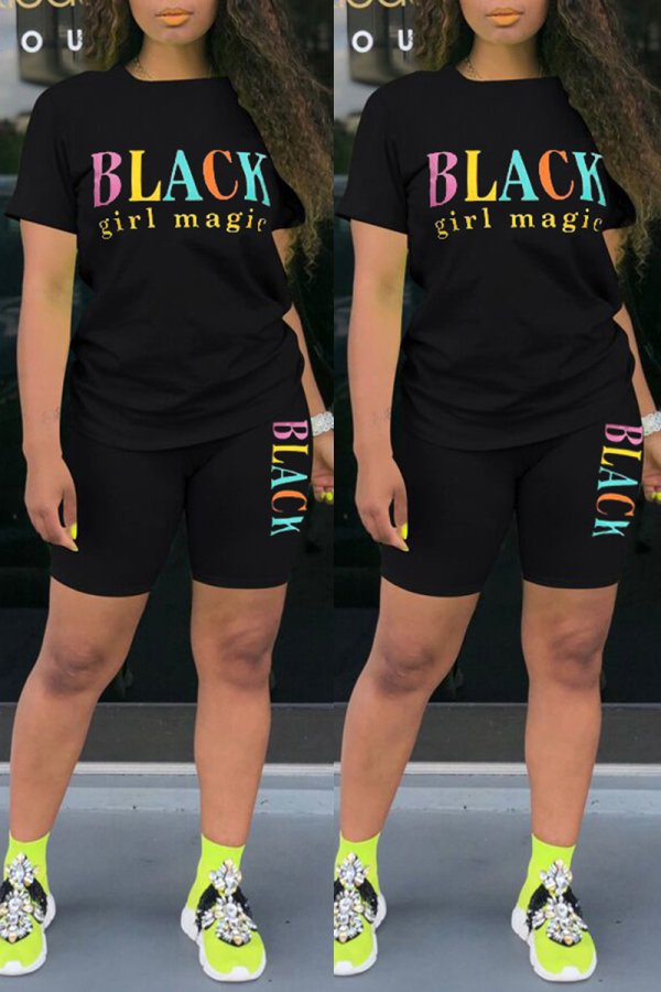 Black Fashion Casual Letter Print Basic O Neck Short Sleeve Two Pieces